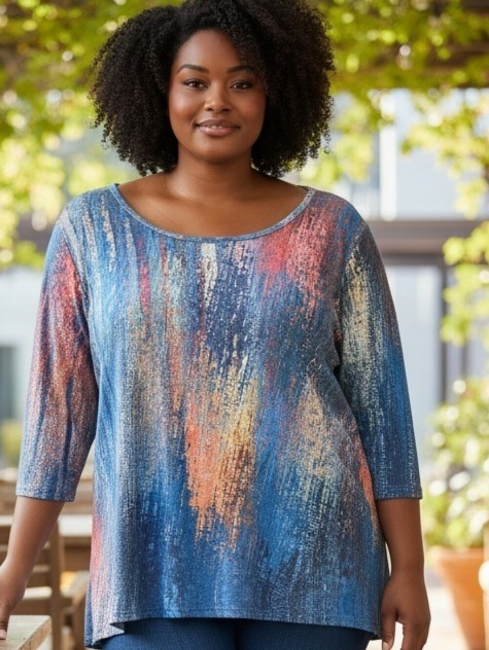 Plus Size Scoop Neck Abstract Blue Multi-Color Tunic Top In EUC